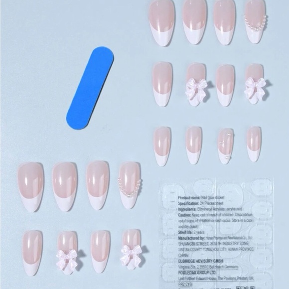 24pcs Press On Nails Long Almond French & Bowknot,Faux Pearl Design False Nails - Picture 2 of 4